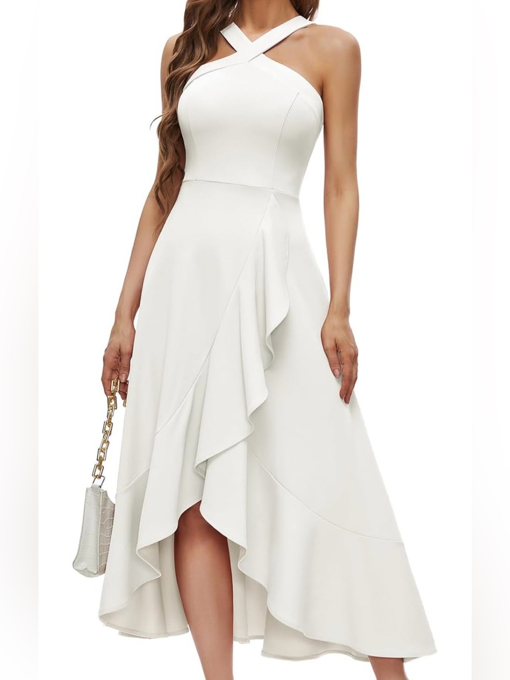 White One-Shoulder Ruffle High-Low Dress